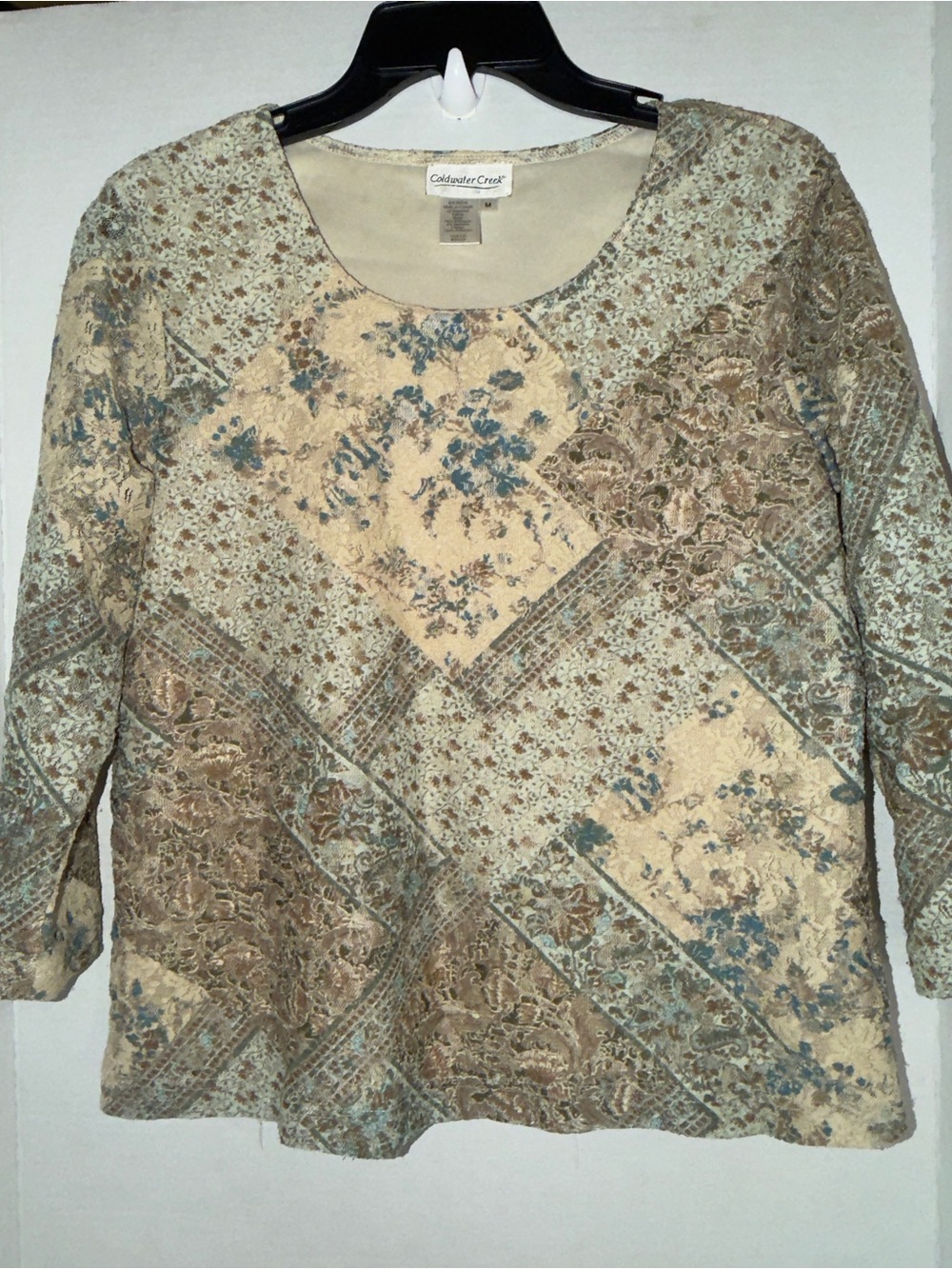 Coldwater Creek Patchwork Floral Scoop-Neck Blouse in Beige, Blue and Tan
